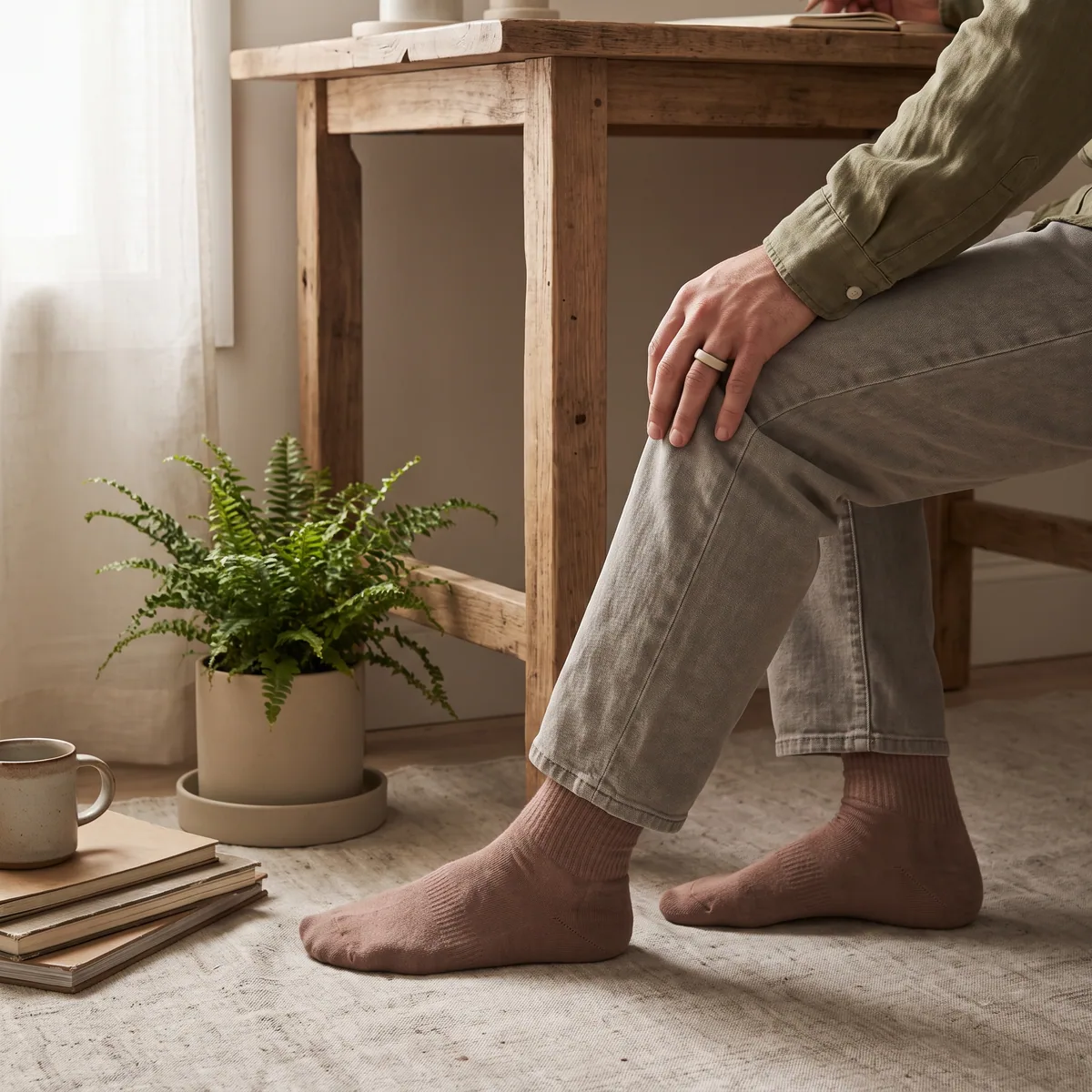 Pieds posés à plat sous le bureau, appui discret pour ramener l'attention dans le corps