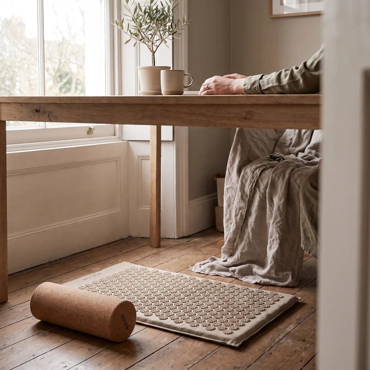 Tapis d'acupression et rouleau de fascia posés au sol près du bureau en télétravail
