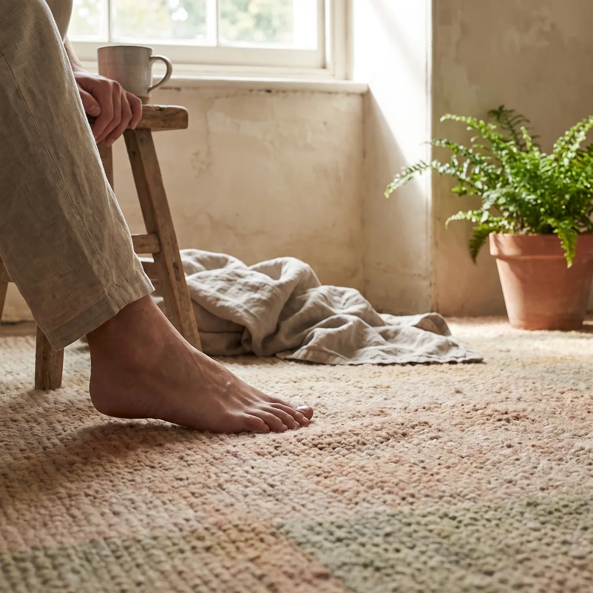 Un pied posé fermement sur un tapis, image du geste simple pour se reconnecter au moment présent
